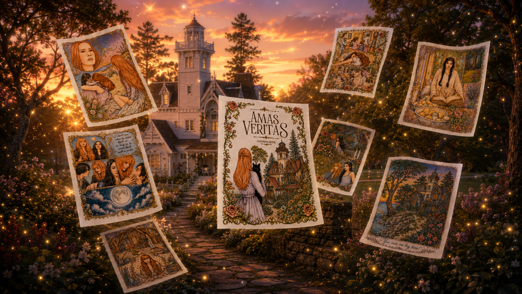Amas Veritas coloring book pages floating in a magical garden at sunset