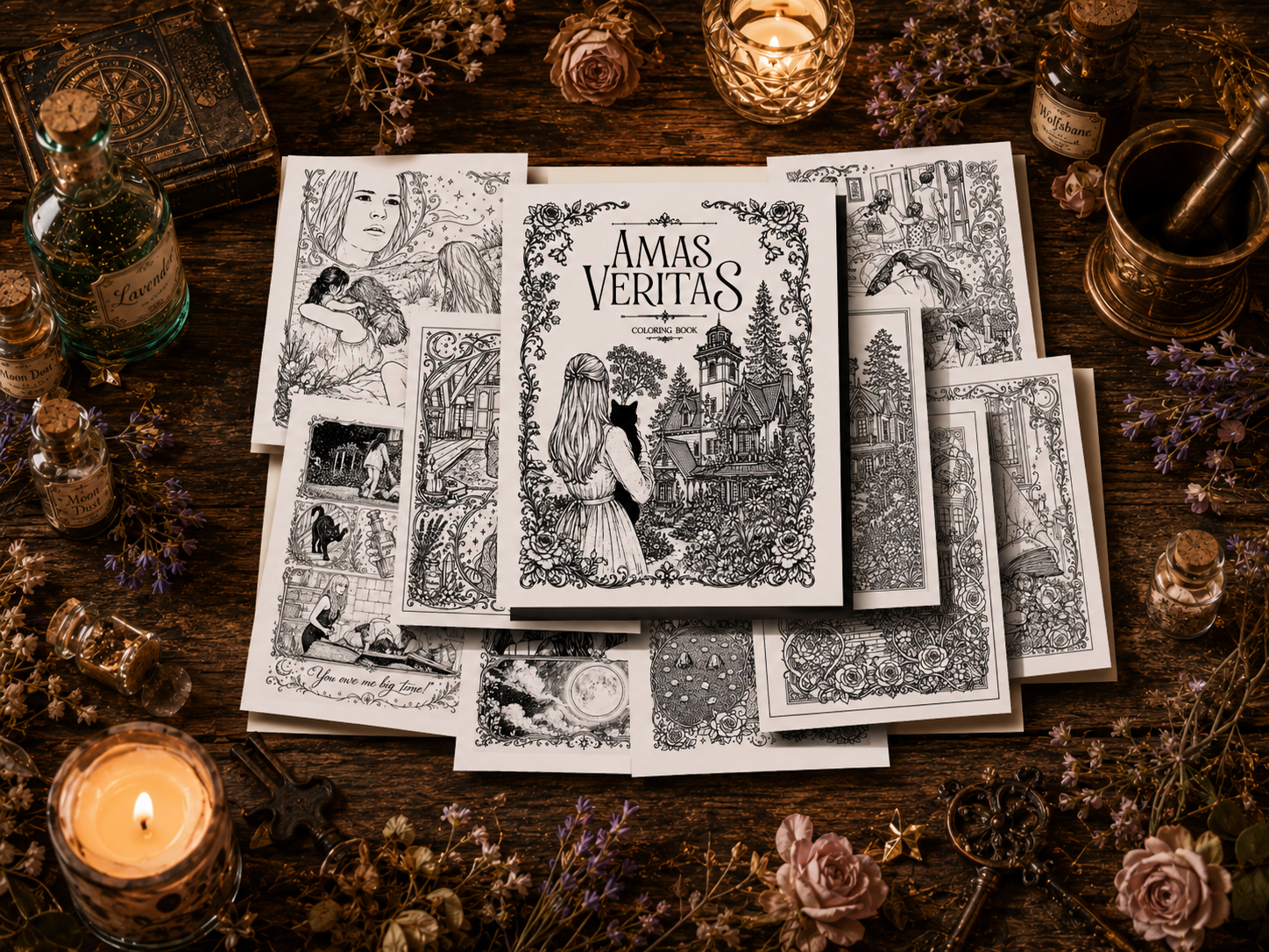 Amas Veritas uncolored coloring pages spread across a candlelit wooden table with apothecary bottles, dried herbs, and roses
